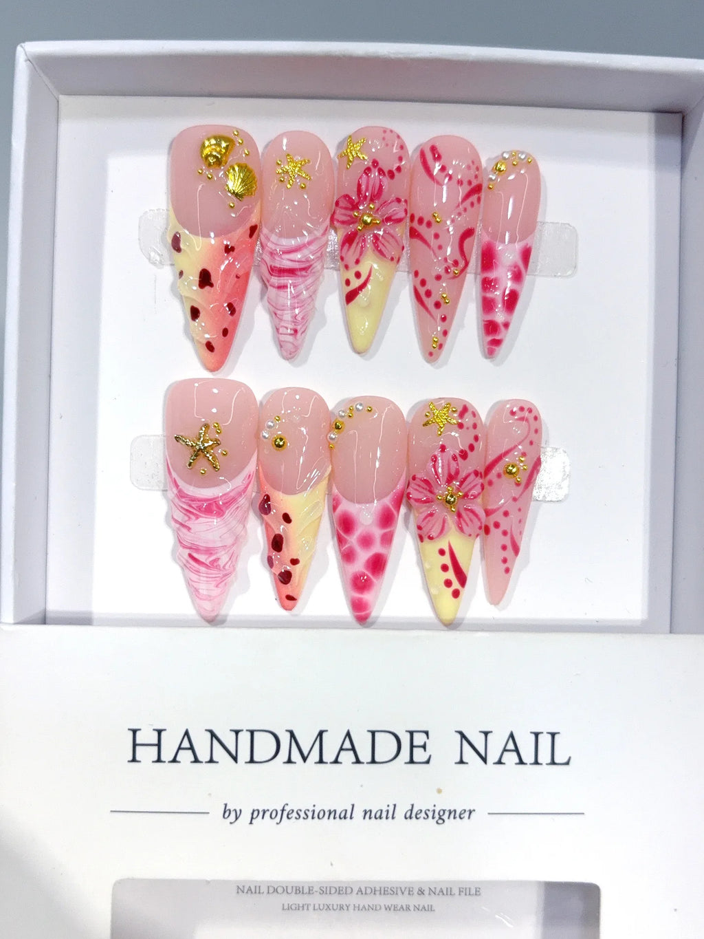 D660 - Long Nude Hot Pink Stiletto Multicolor French Polka Dot Flowers - view 3