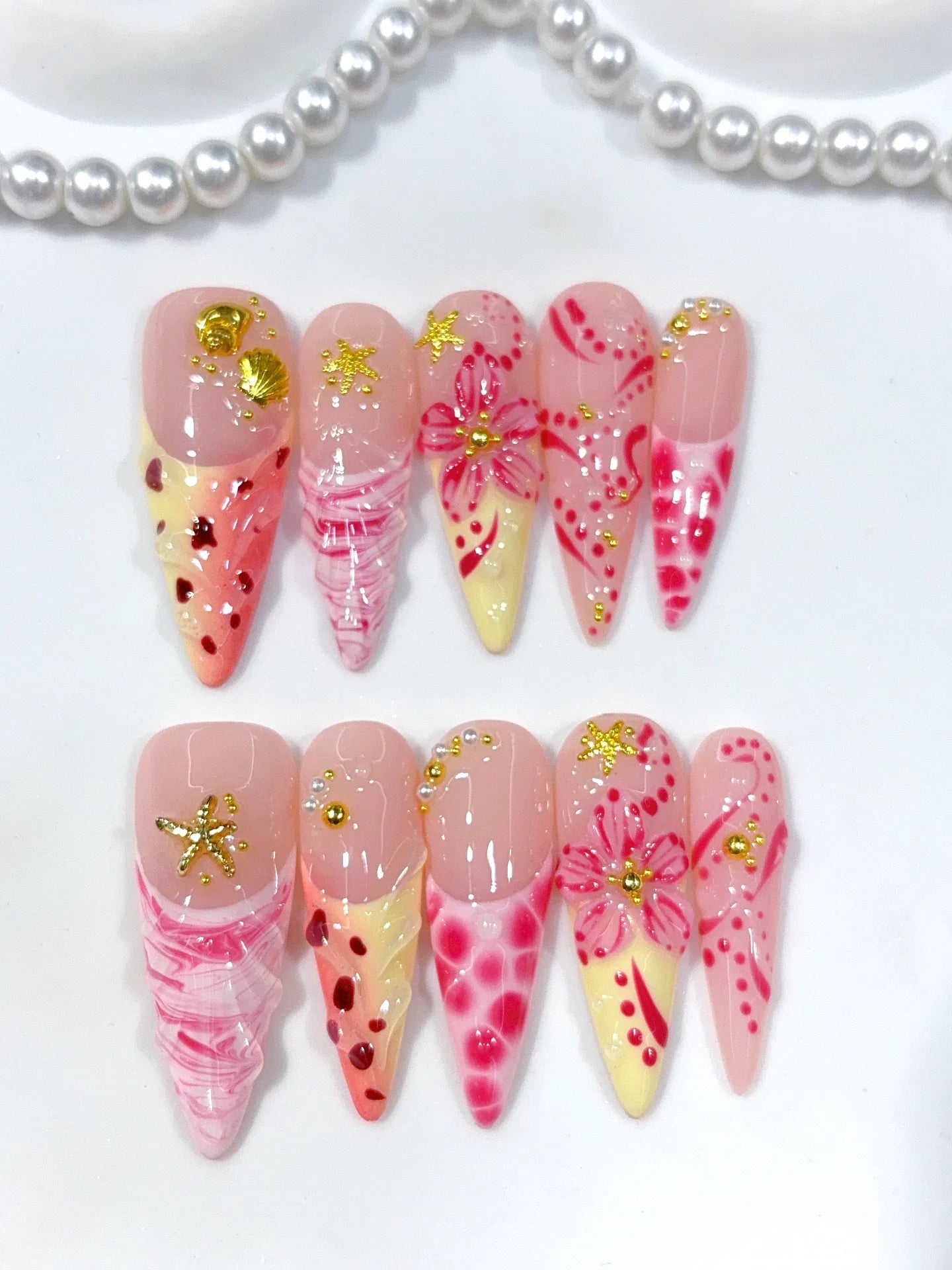 D660 - Long Nude Hot Pink Stiletto Multicolor French Polka Dot Flowers - view 1