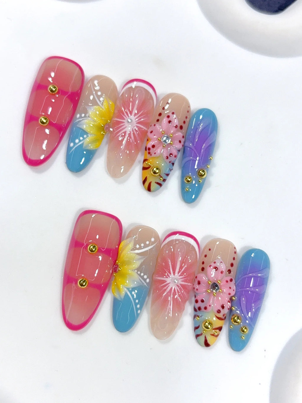 D661 - Medium Pink Blue Oval Aura Ombre 3D Flowers - view 5