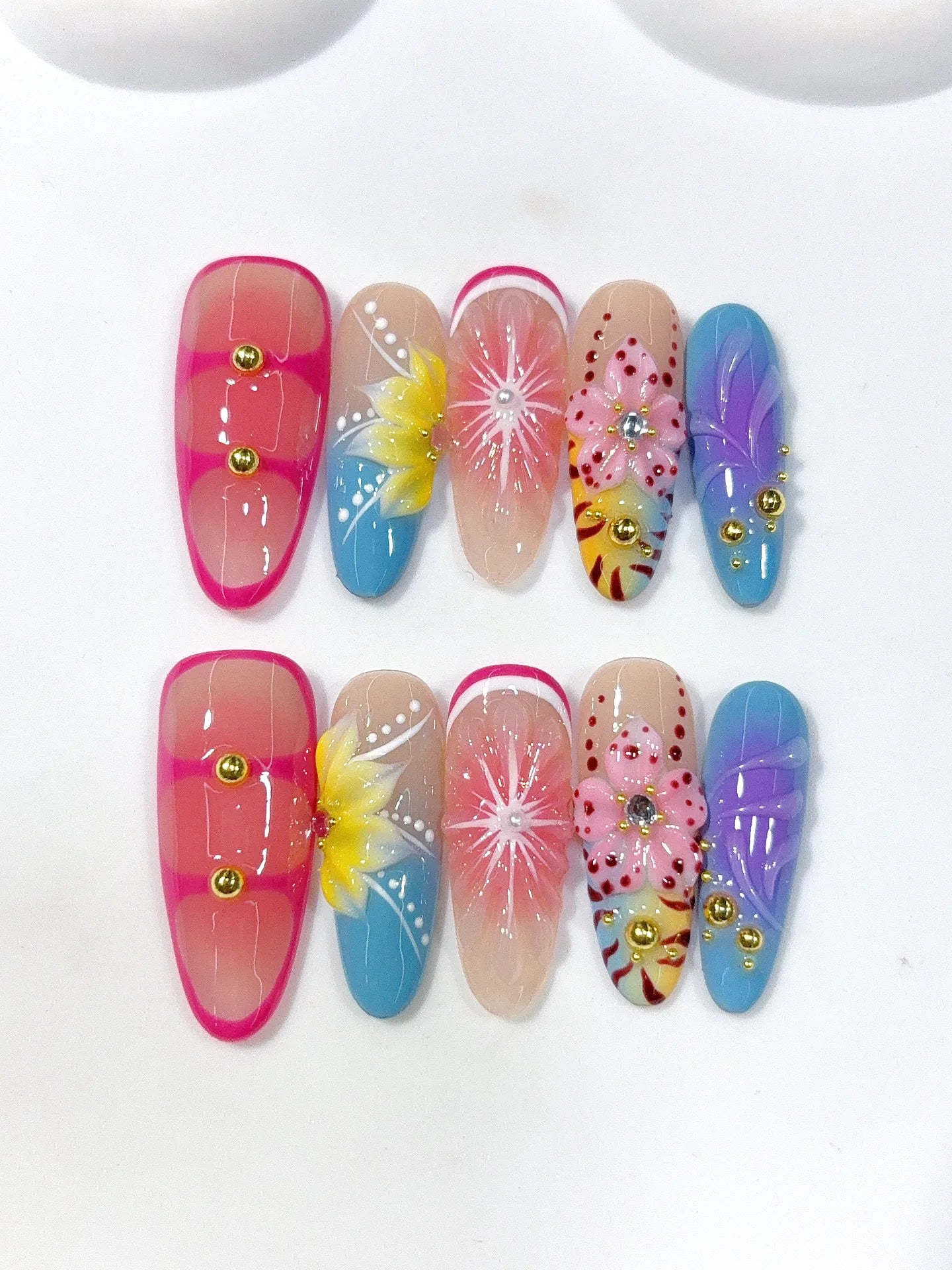 D661 - Medium Pink Blue Oval Aura Ombre 3D Flowers - view 6