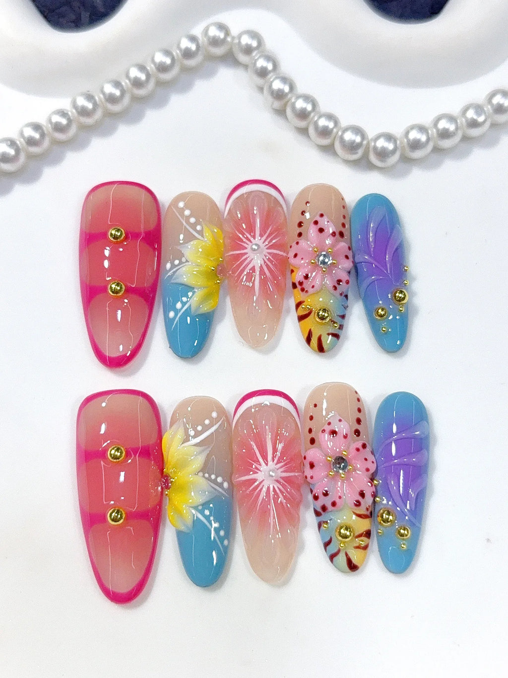 D661 - Medium Pink Blue Oval Aura Ombre 3D Flowers - view 7