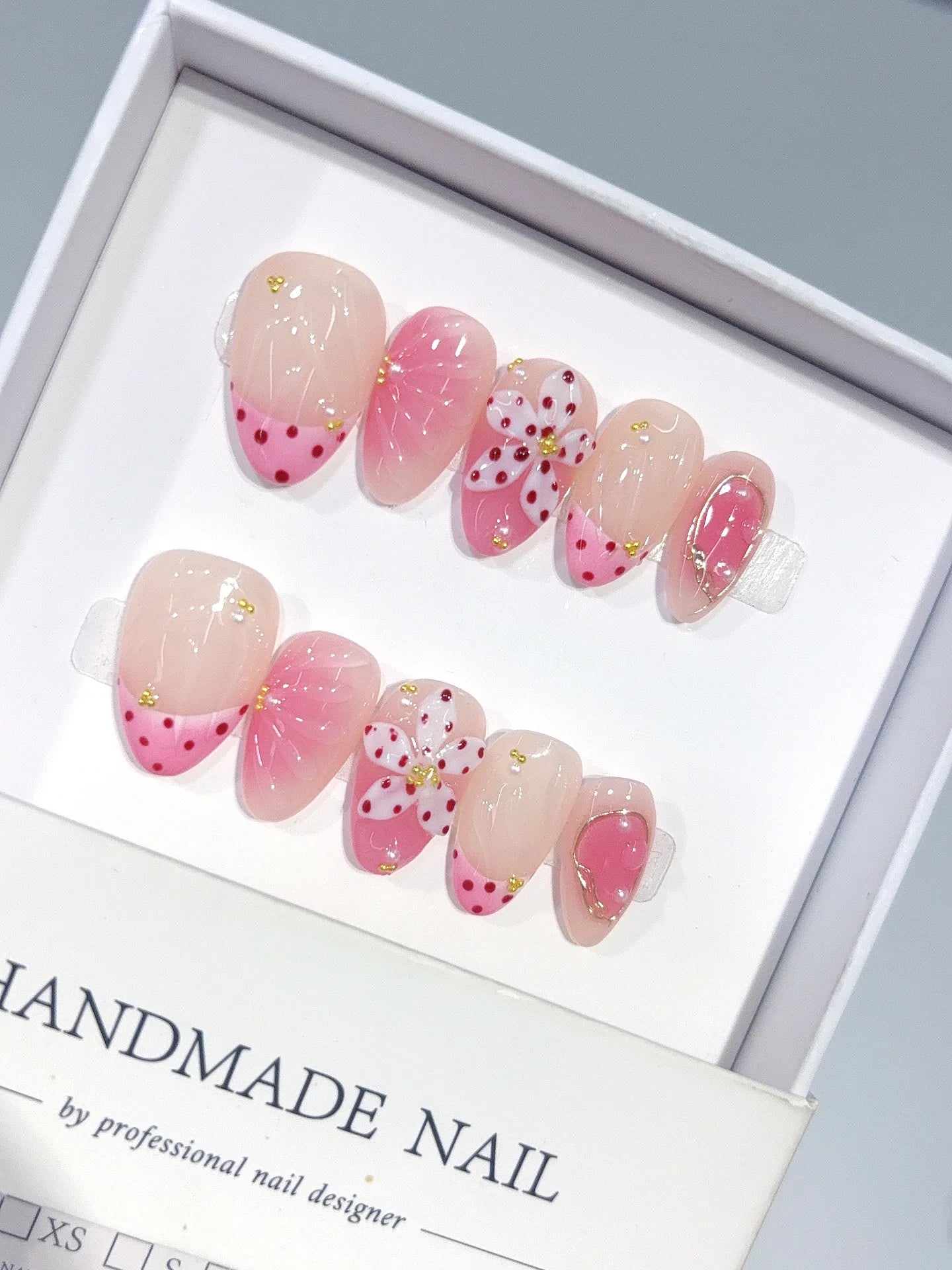 D662 - Short Nude Pink Almond French Tip Polka Dot Bows - view 4