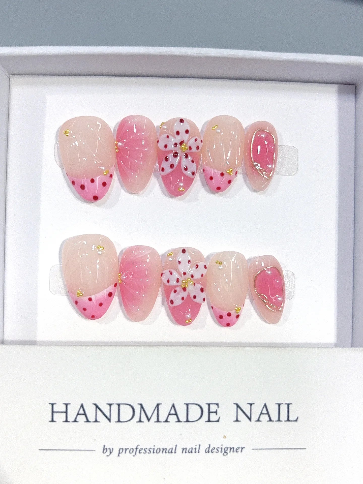 D662 - Short Nude Pink Almond French Tip Polka Dot Bows - view 5