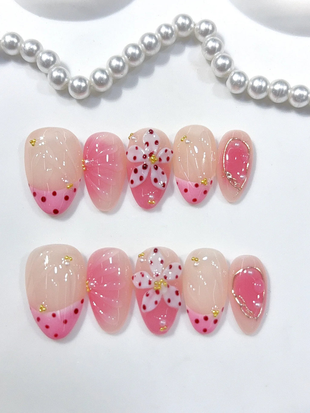 D662 - Short Nude Pink Almond French Tip Polka Dot Bows - view 2
