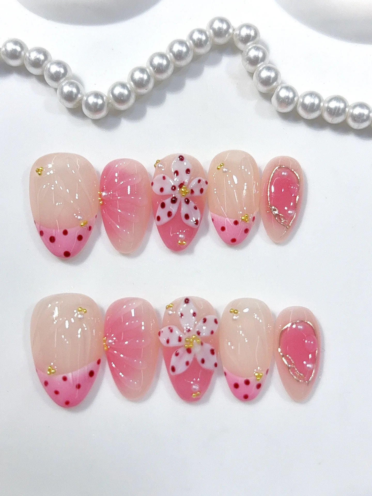 D662 - Short Nude Pink Almond French Tip Polka Dot Bows - view 2