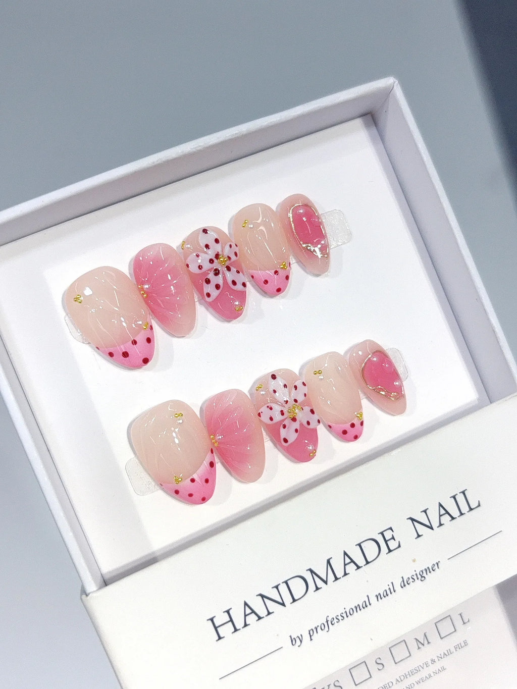 D662 - Short Nude Pink Almond French Tip Polka Dot Bows - view 6