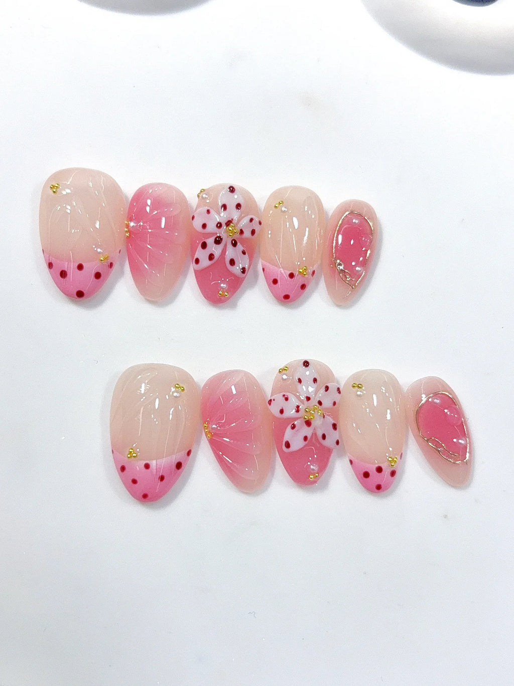 D662 - Short Nude Pink Almond French Tip Polka Dot Bows - view 7