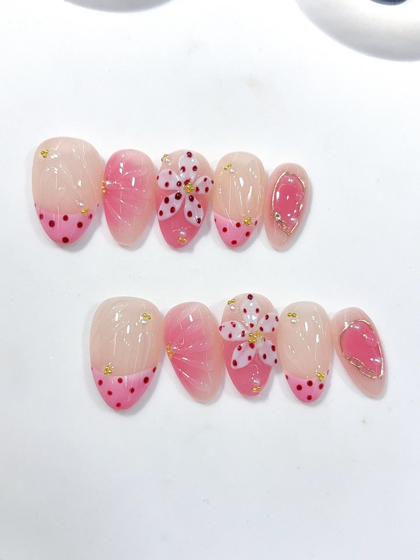 D662 - Short Nude Pink Almond French Tip Polka Dot Bows - view 7