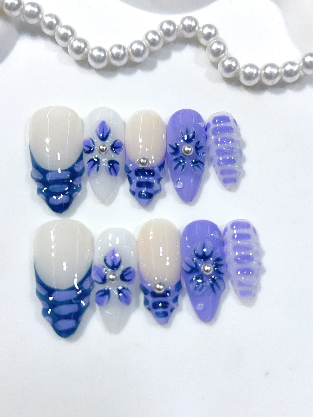D663 - Medium Nude Blue Almond Gingham French 3D Flowers - view 4