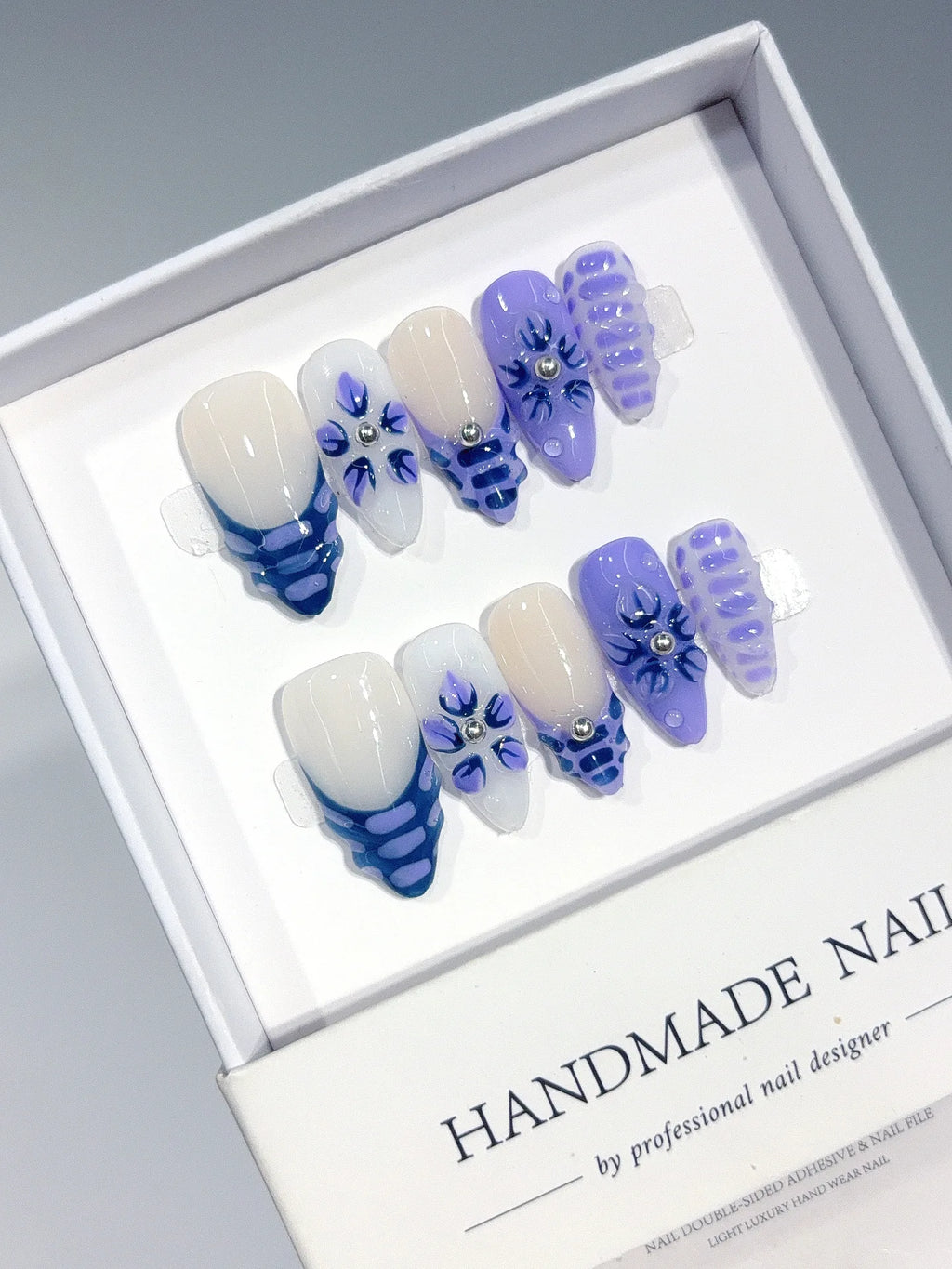 D663 - Medium Nude Blue Almond Gingham French 3D Flowers - view 5