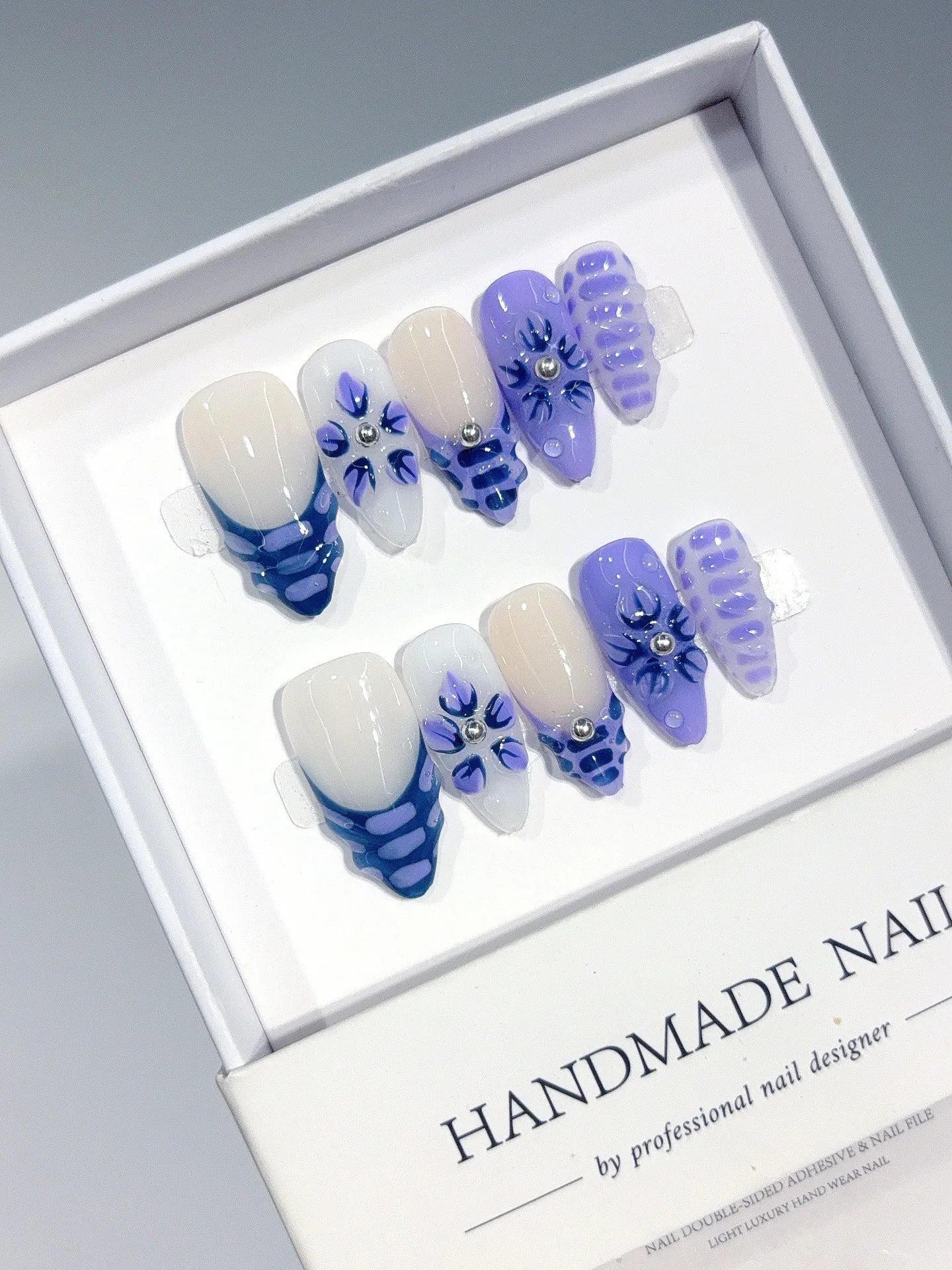 D663 - Medium Nude Blue Almond Gingham French 3D Flowers - view 5