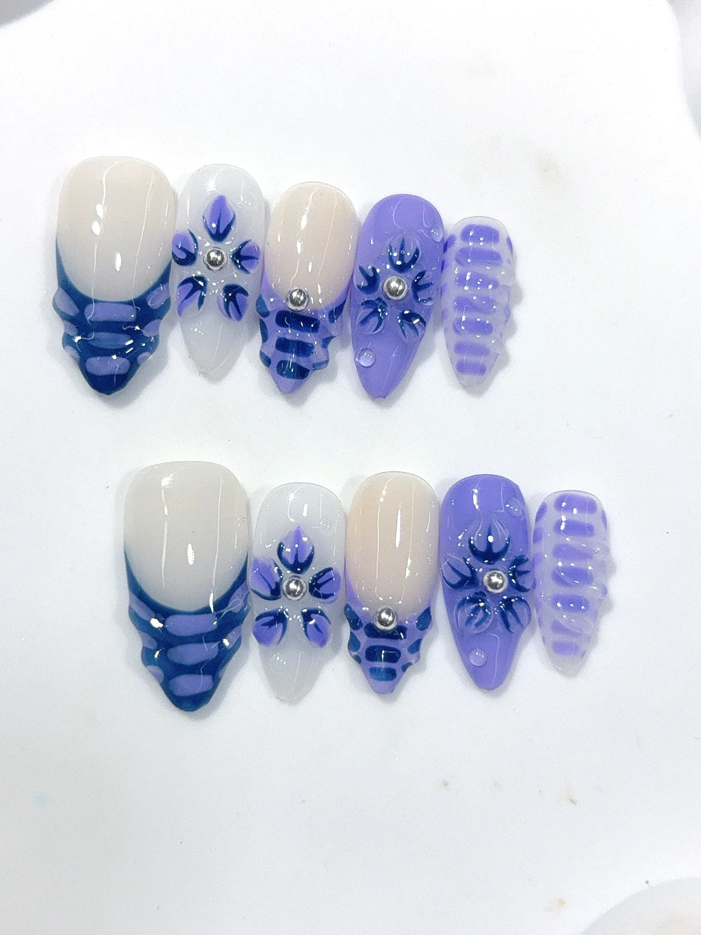 D663 - Medium Nude Blue Almond Gingham French 3D Flowers - view 6