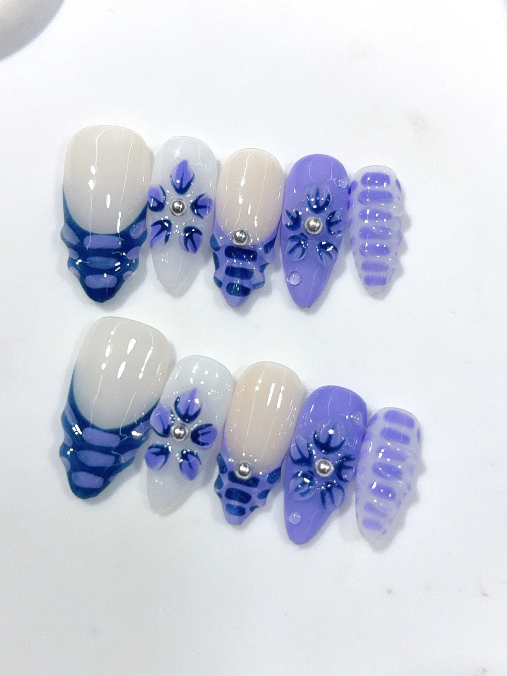 D663 - Medium Nude Blue Almond Gingham French 3D Flowers - view 7