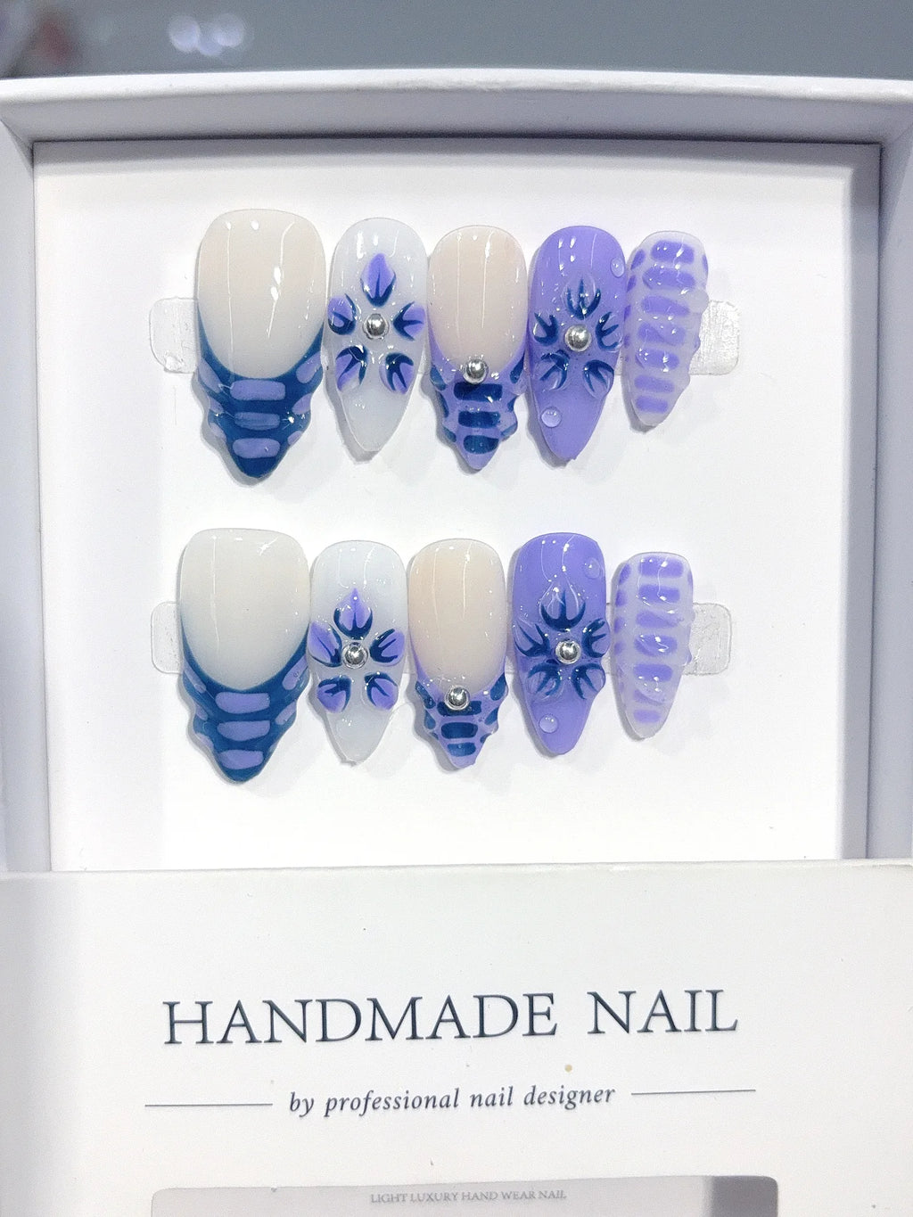 D663 - Medium Nude Blue Almond Gingham French 3D Flowers - view 3