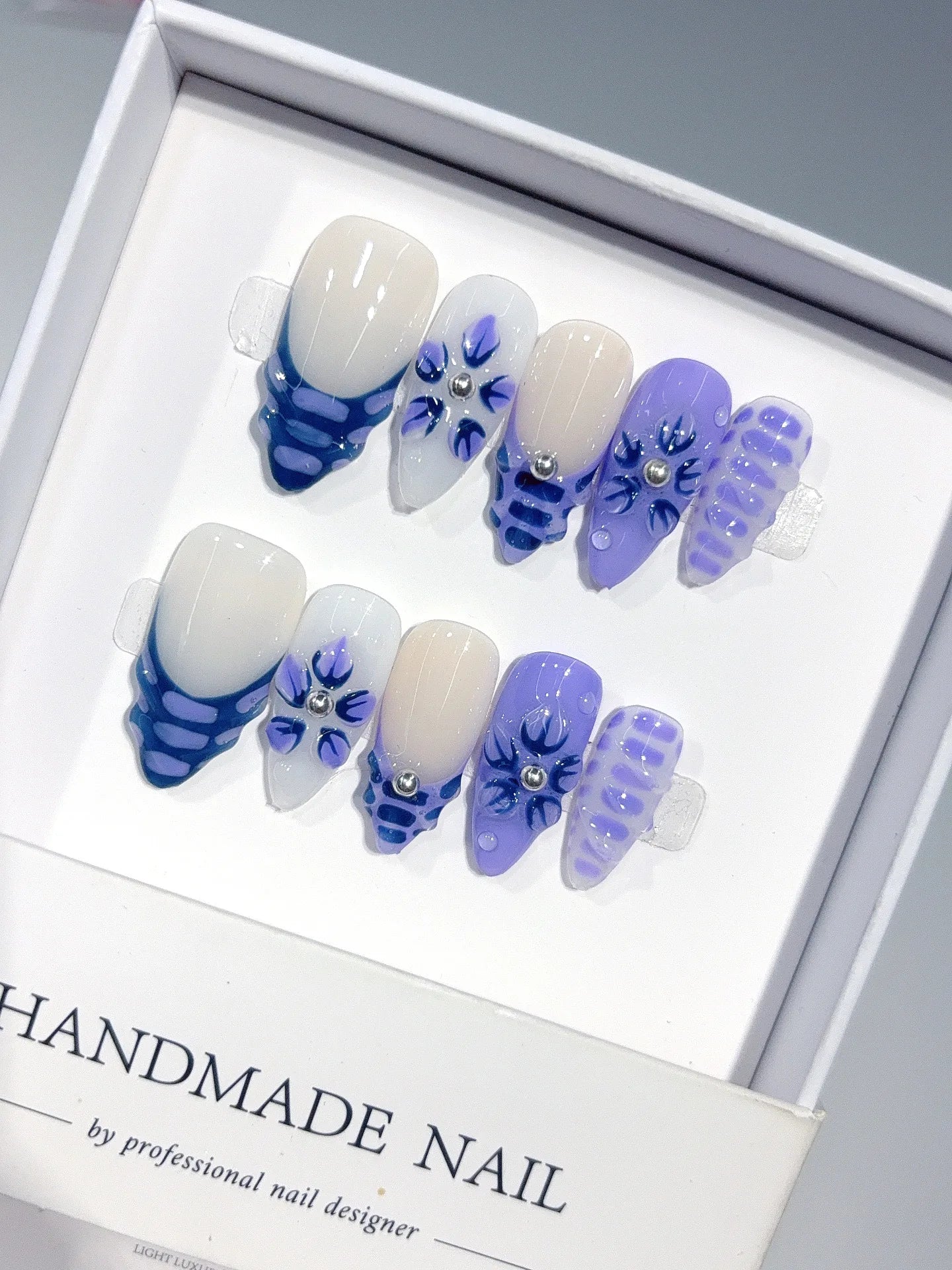 D663 - Medium Nude Blue Almond Gingham French 3D Flowers - view 1