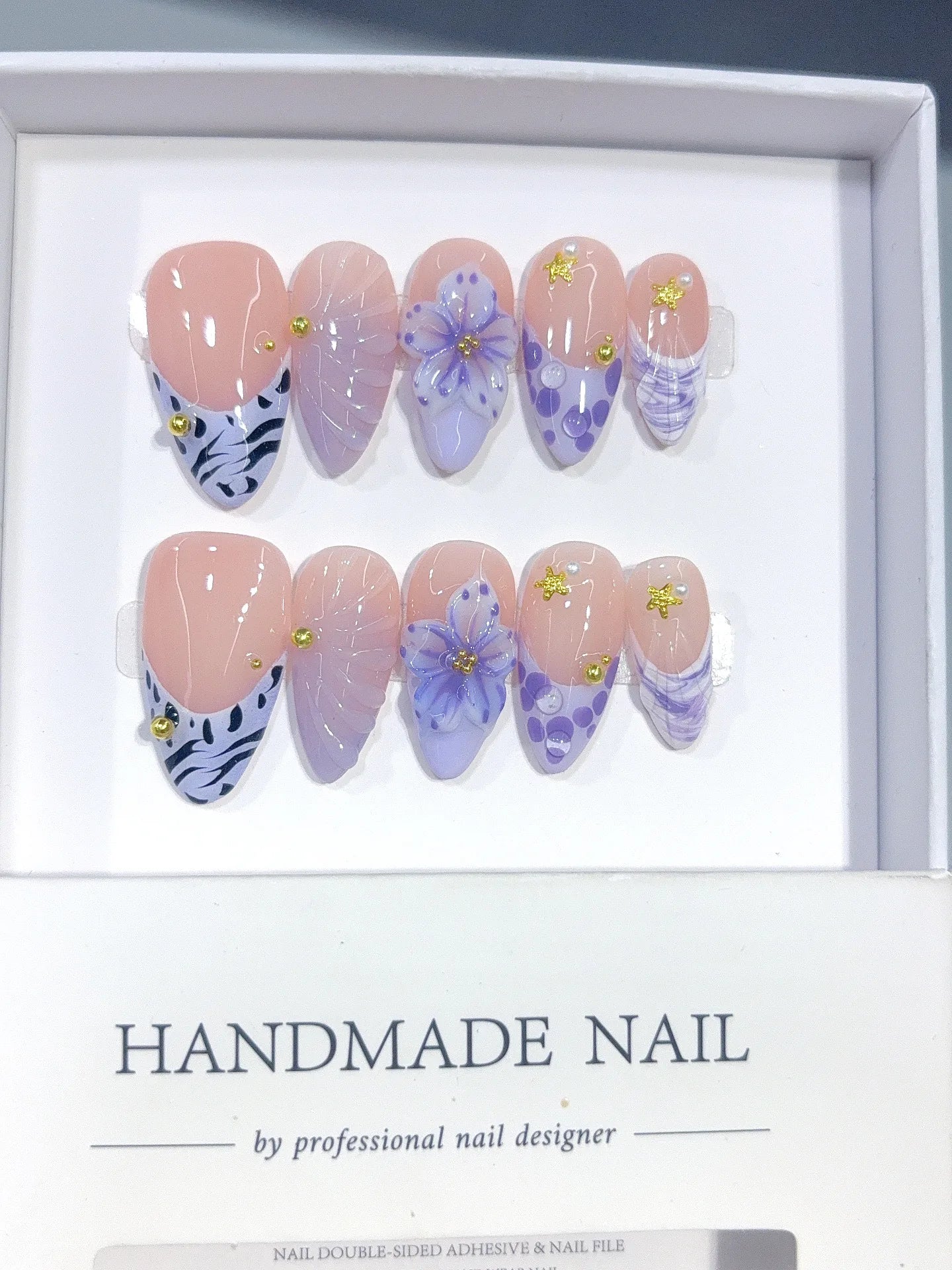D664 - Medium Nude Lavender Almond French Tip Polka Dot Flowers - view 4