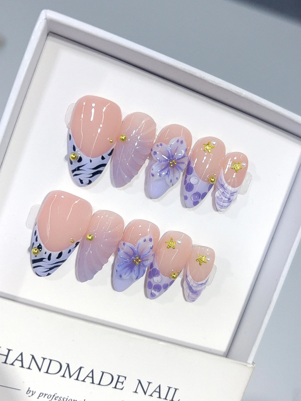 D664 - Medium Nude Lavender Almond French Tip Polka Dot Flowers - view 5