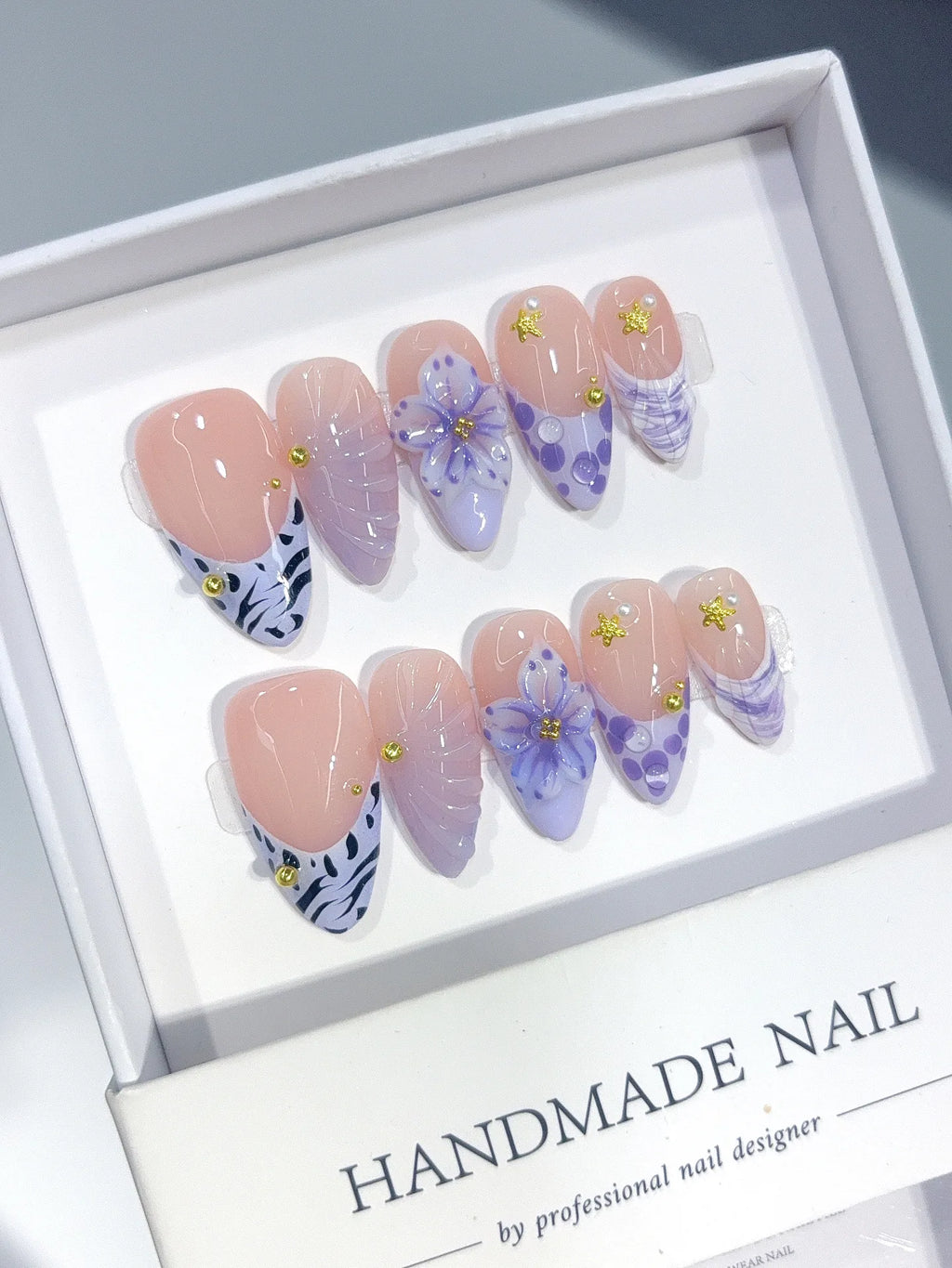 D664 - Medium Nude Lavender Almond French Tip Polka Dot Flowers - view 2