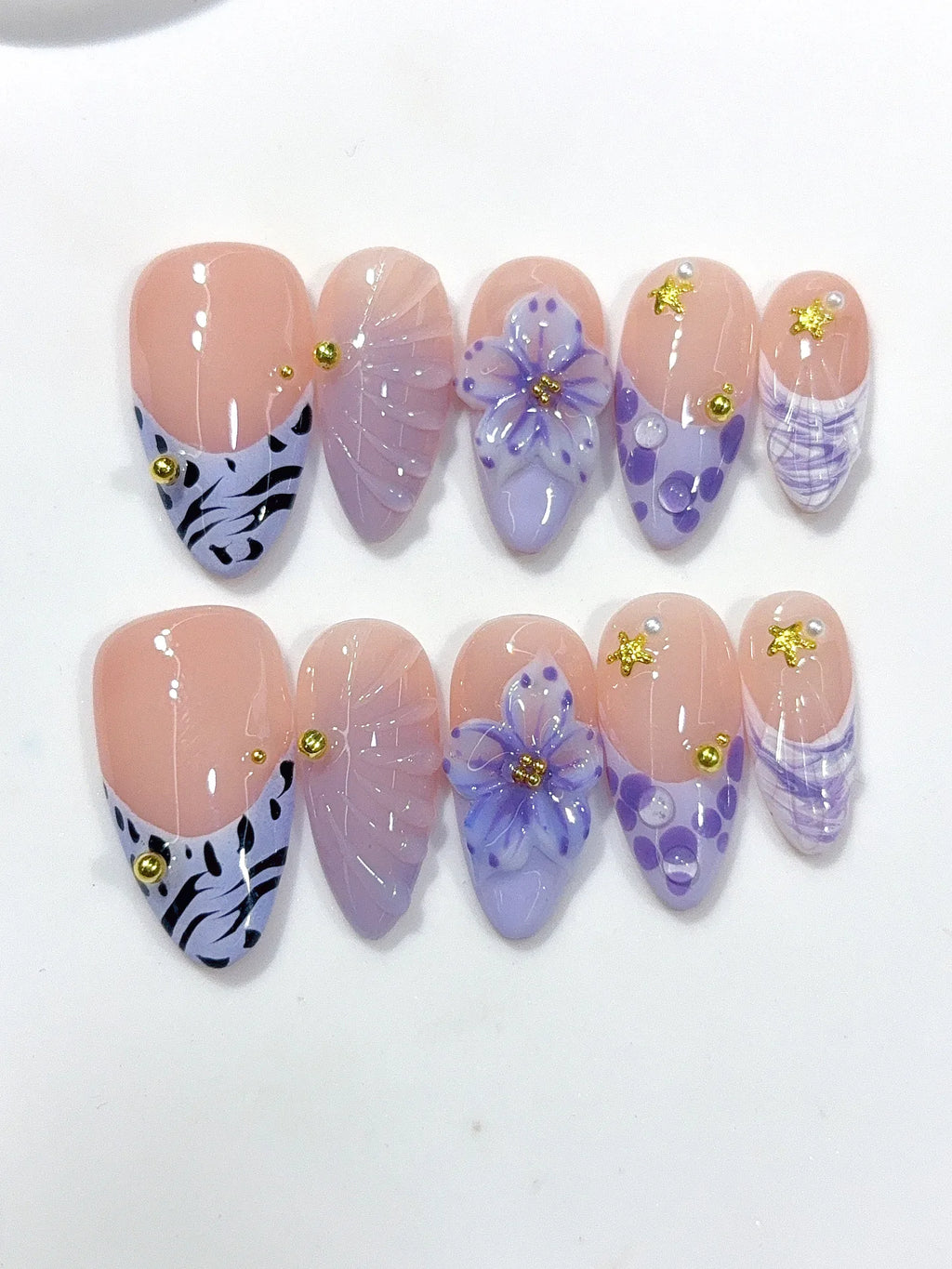 D664 - Medium Nude Lavender Almond French Tip Polka Dot Flowers - view 6