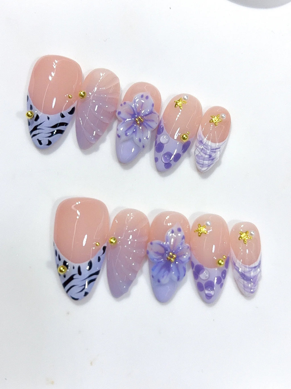D664 - Medium Nude Lavender Almond French Tip Polka Dot Flowers - view 7