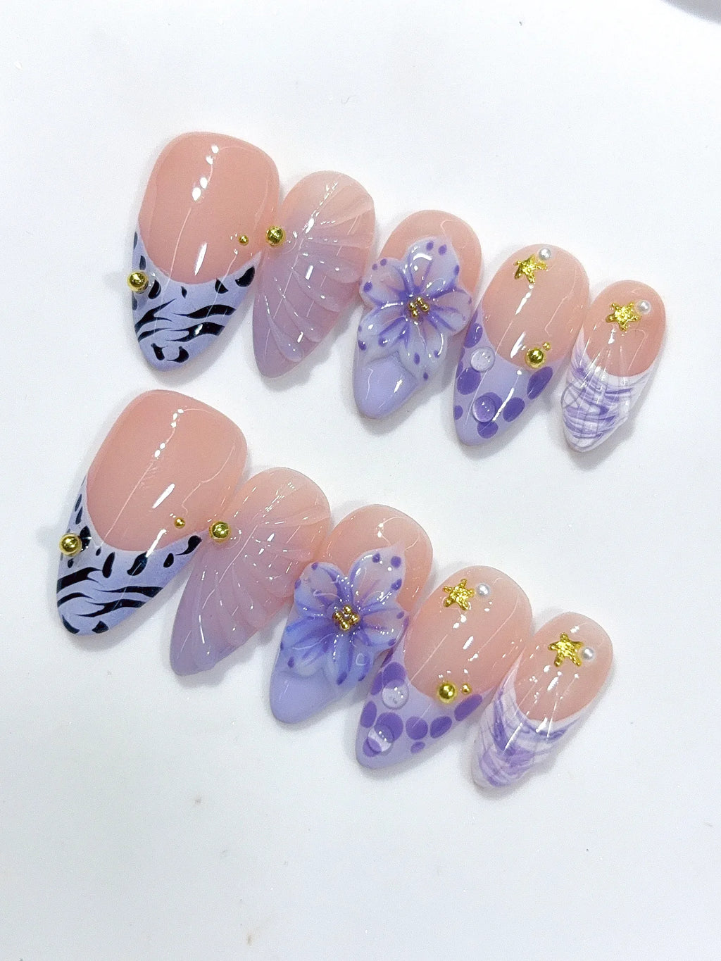 D664 - Medium Nude Lavender Almond French Tip Polka Dot Flowers - view 3