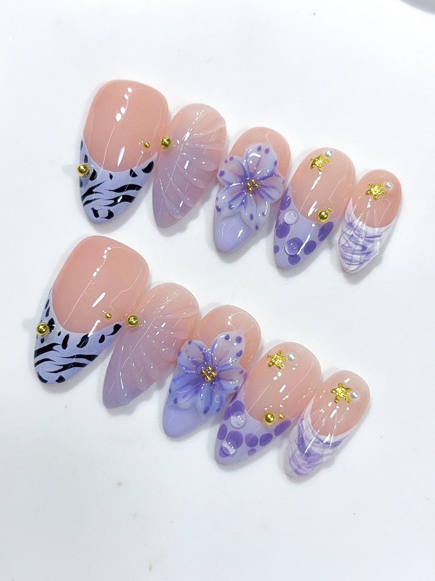 D664 - Medium Nude Lavender Almond French Tip Polka Dot Flowers - view 3