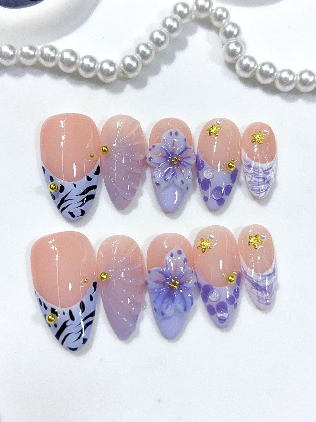 D664 - Medium Nude Lavender Almond French Tip Polka Dot Flowers - view 1