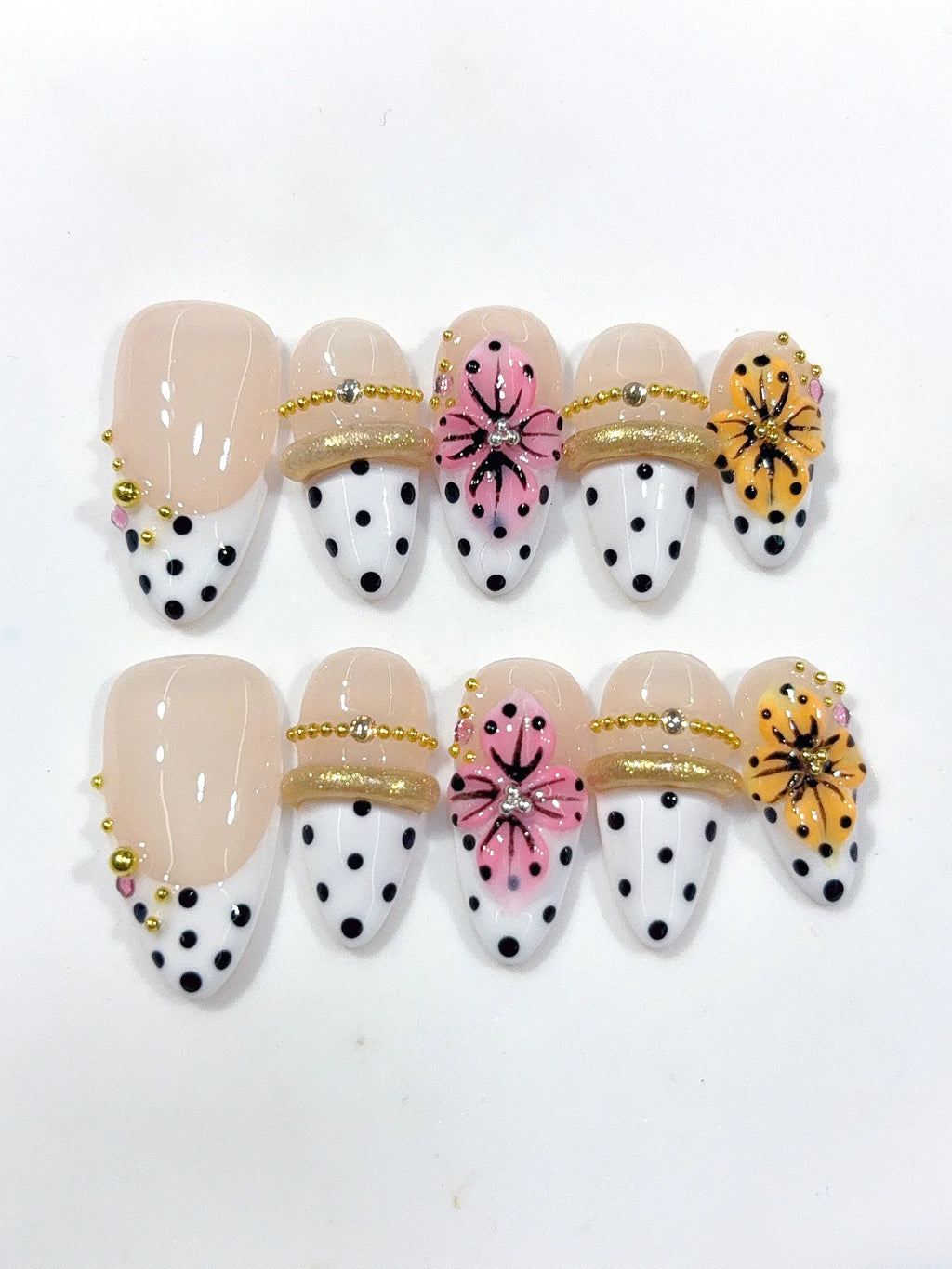 D666 - Medium Nude White Almond French Tip Polka Dot Bows - view 4