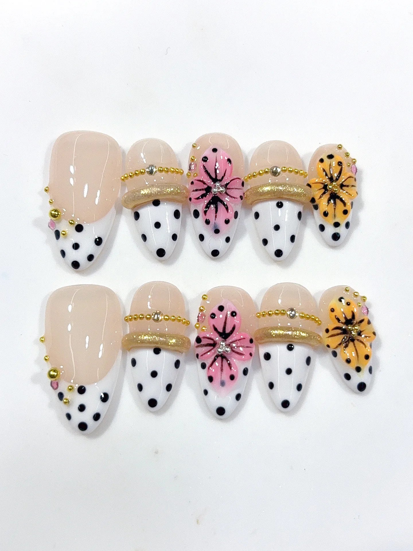 D666 - Medium Nude White Almond French Tip Polka Dot Bows - view 4