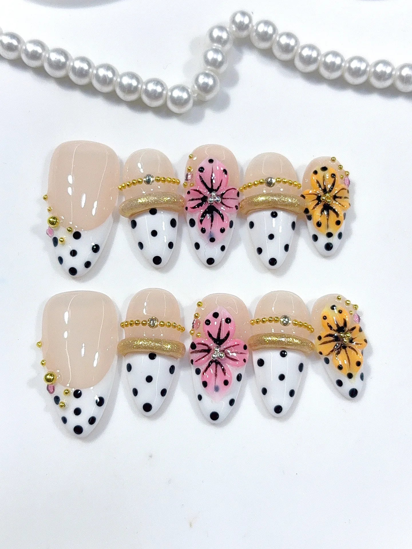 D666 - Medium Nude White Almond French Tip Polka Dot Bows - view 5