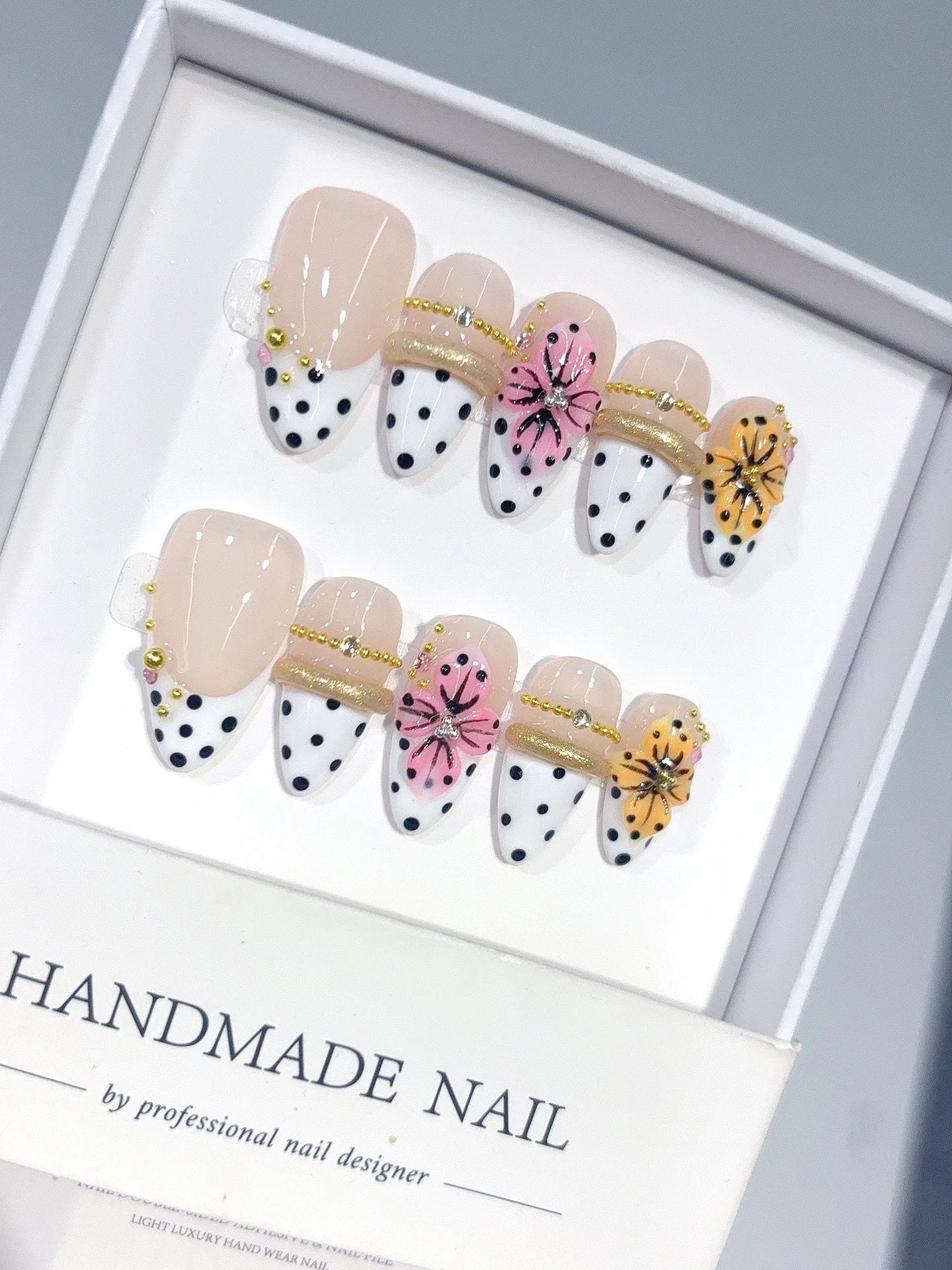 D666 - Medium Nude White Almond French Tip Polka Dot Bows - view 2