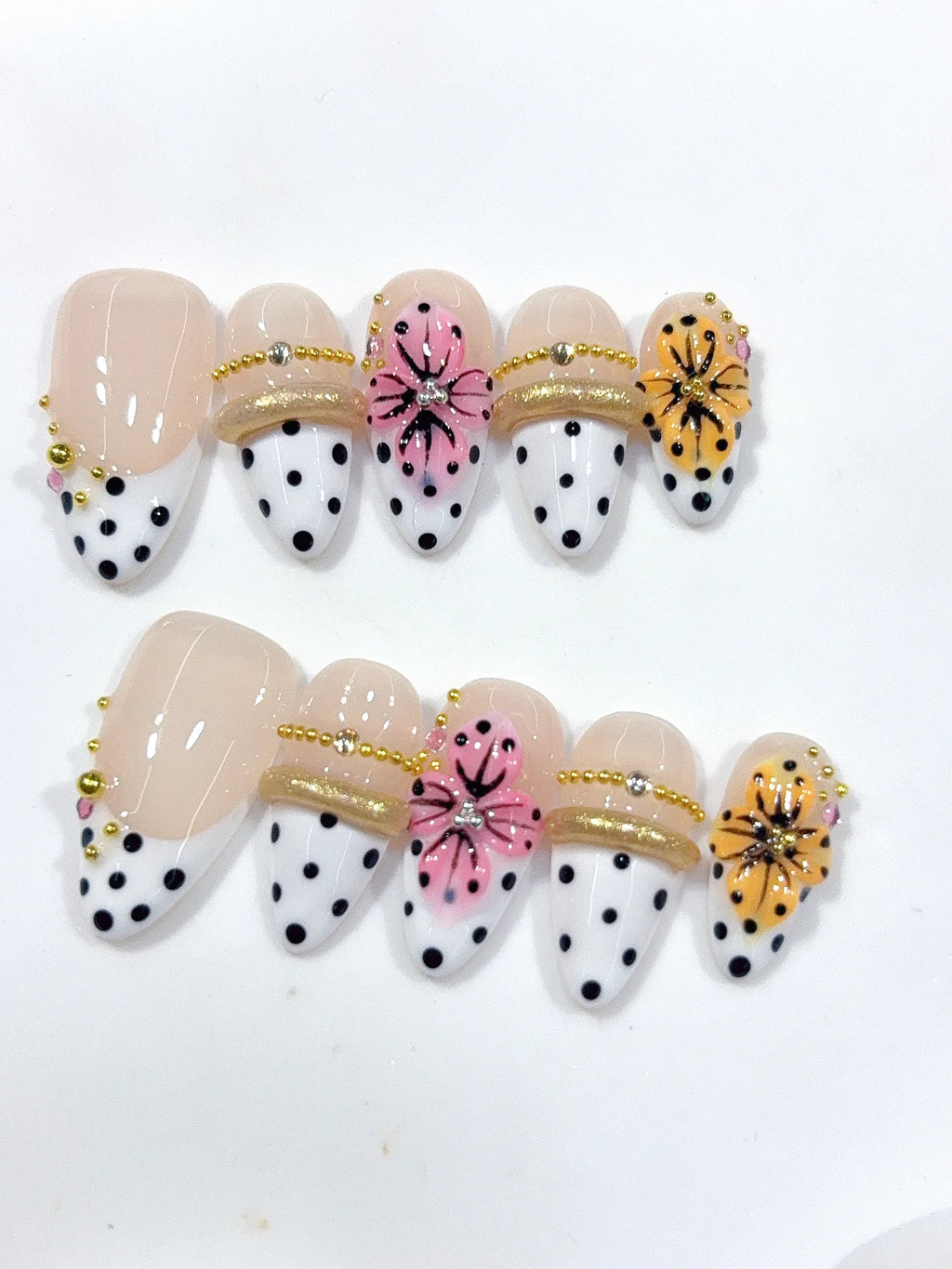 D666 - Medium Nude White Almond French Tip Polka Dot Bows - view 6