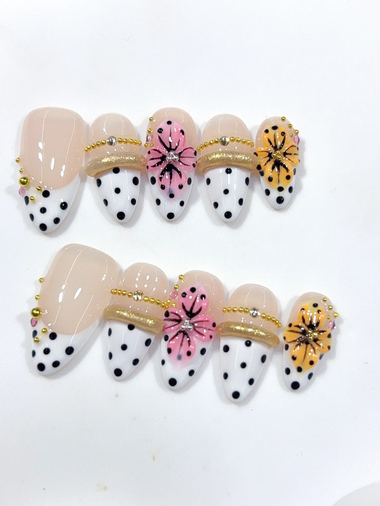D666 - Medium Nude White Almond French Tip Polka Dot Bows - view 6