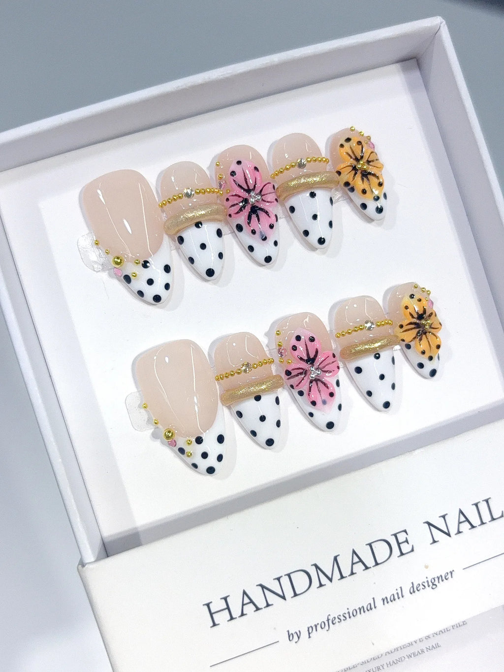 D666 - Medium Nude White Almond French Tip Polka Dot Bows - view 7