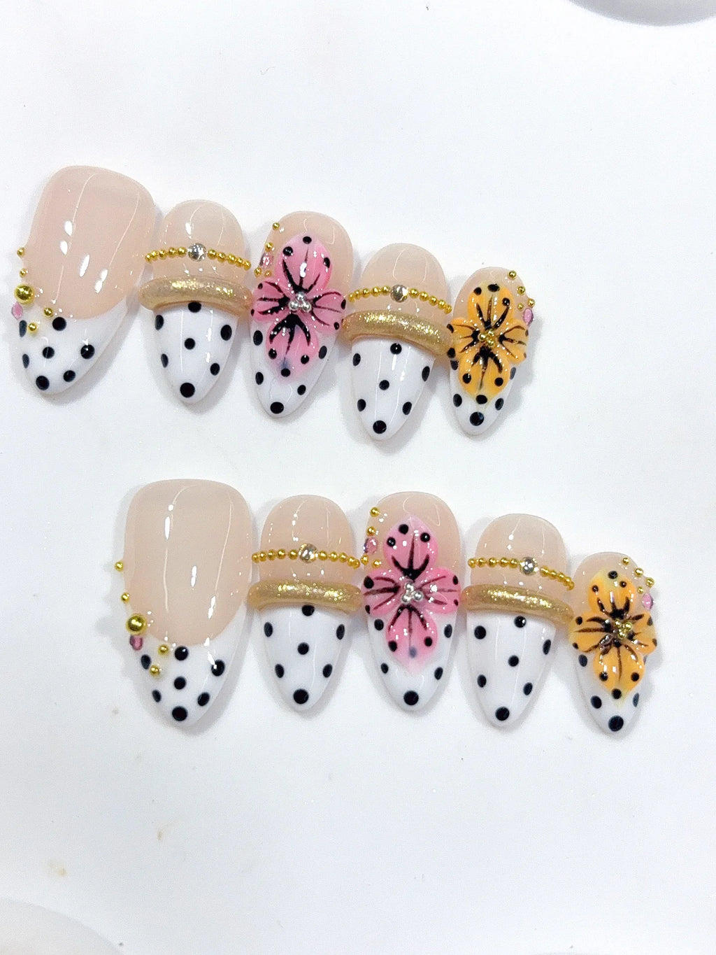 D666 - Medium Nude White Almond French Tip Polka Dot Bows - view 3