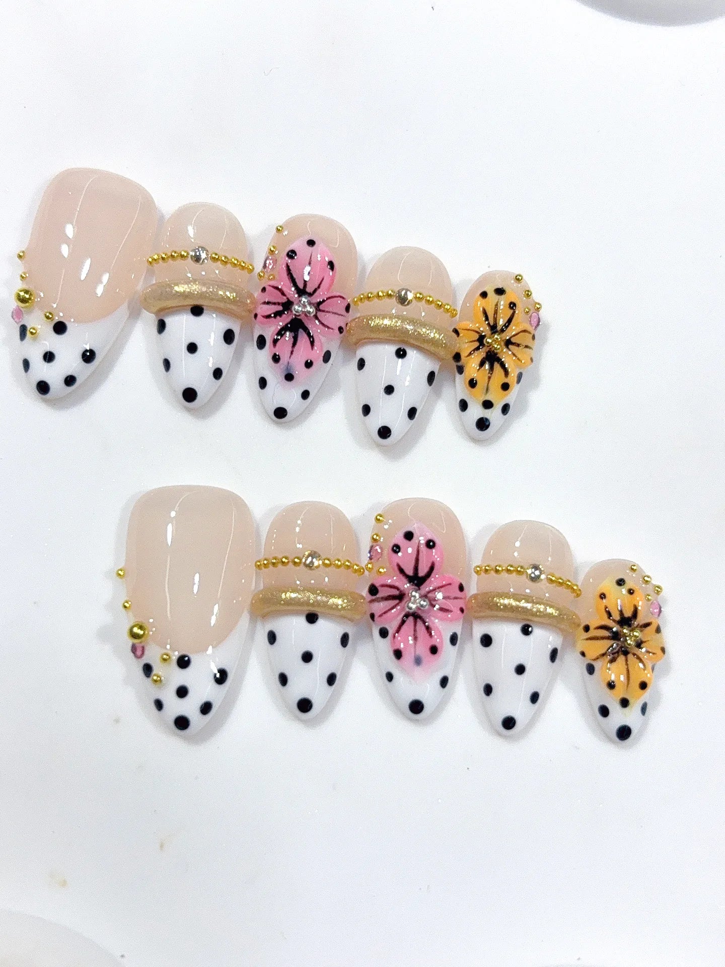D666 - Medium Nude White Almond French Tip Polka Dot Bows - view 3