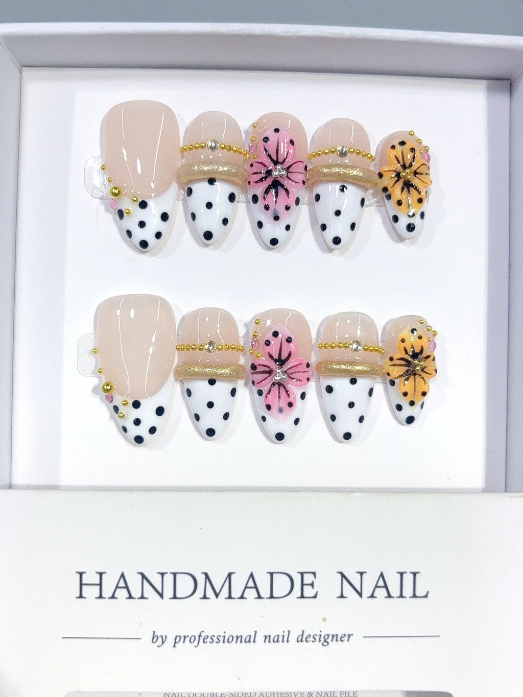 D666 - Medium Nude White Almond French Tip Polka Dot Bows - view 1