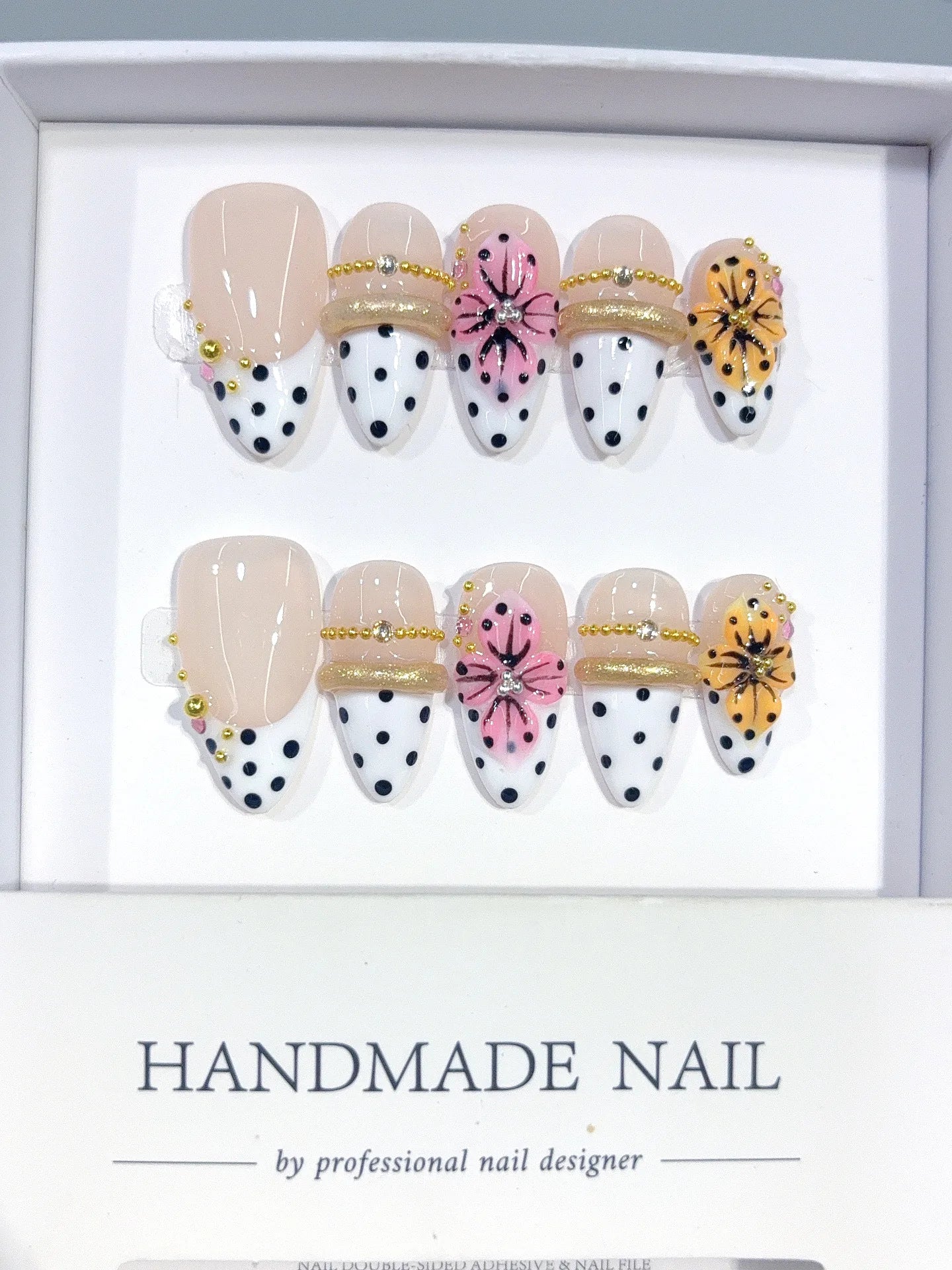 D666 - Medium Nude White Almond French Tip Polka Dot Bows - view 1