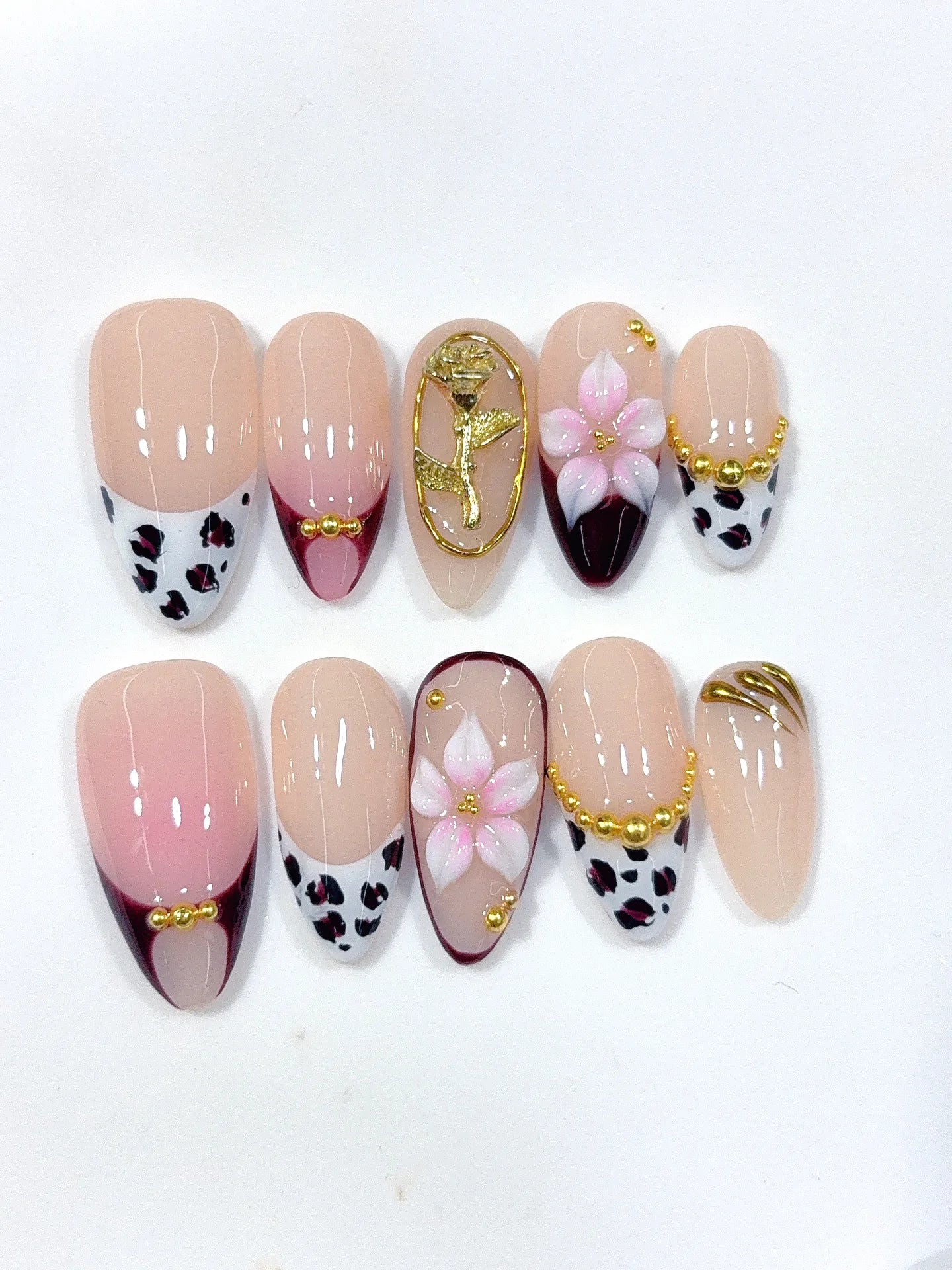 D667 - Medium Nude Pink Almond Patchwork French 3D Flowers - view 4
