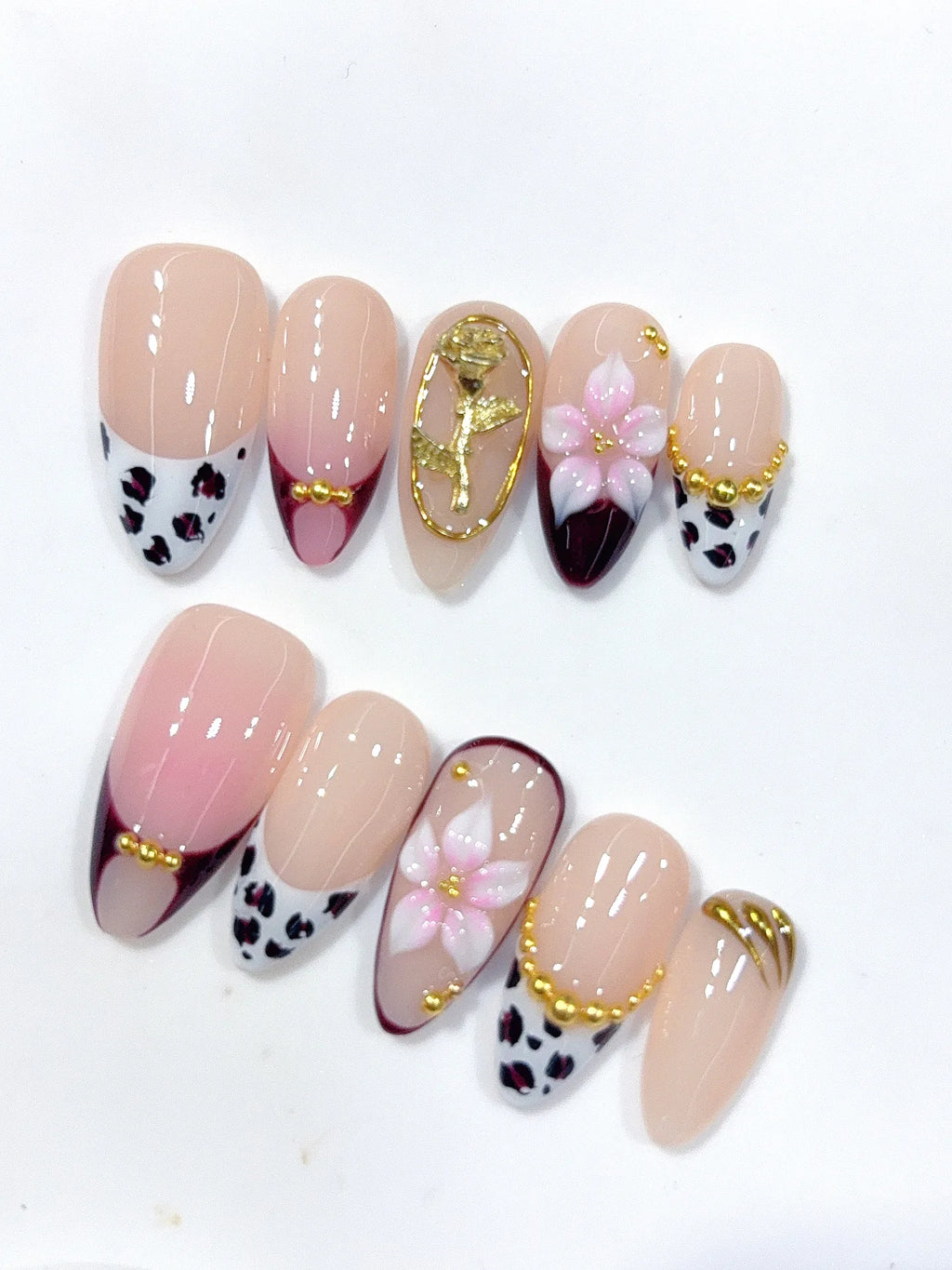 D667 - Medium Nude Pink Almond Patchwork French 3D Flowers - view 5