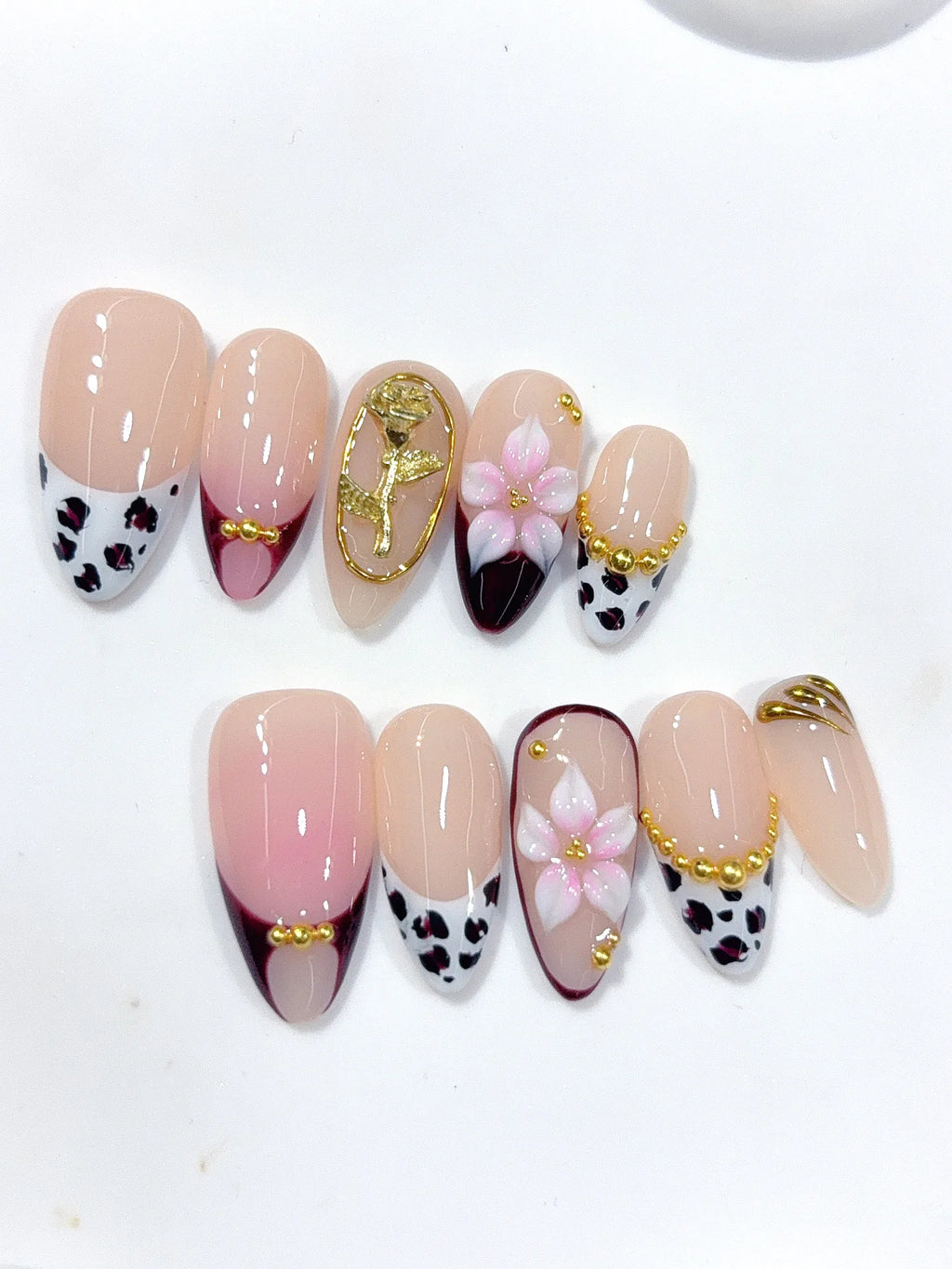 D667 - Medium Nude Pink Almond Patchwork French 3D Flowers - view 2