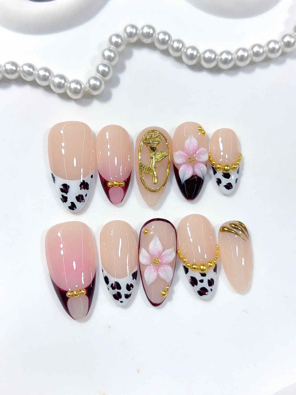 D667 - Medium Nude Pink Almond Patchwork French 3D Flowers - view 6