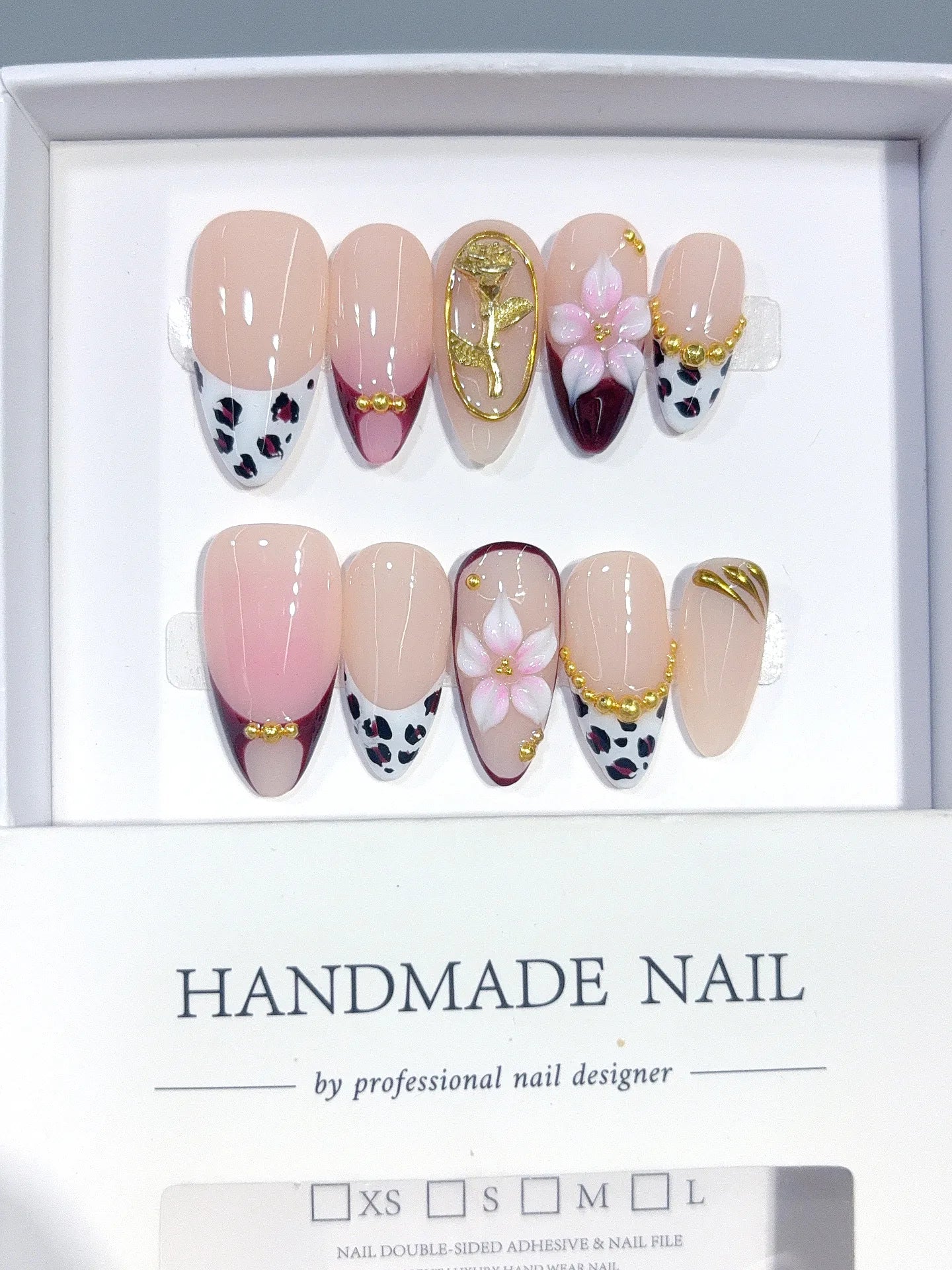 D667 - Medium Nude Pink Almond Patchwork French 3D Flowers - view 7