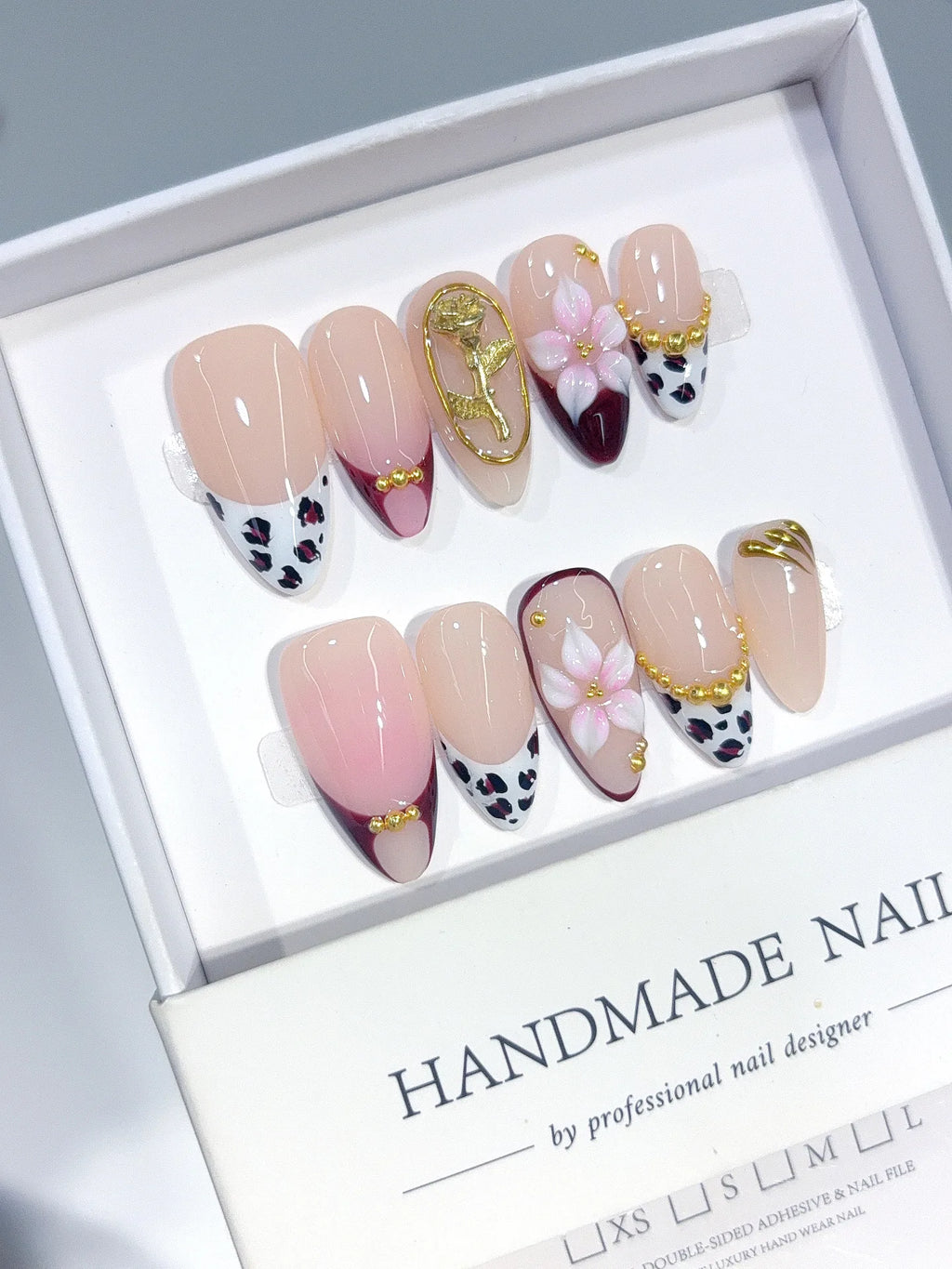 D667 - Medium Nude Pink Almond Patchwork French 3D Flowers - view 1