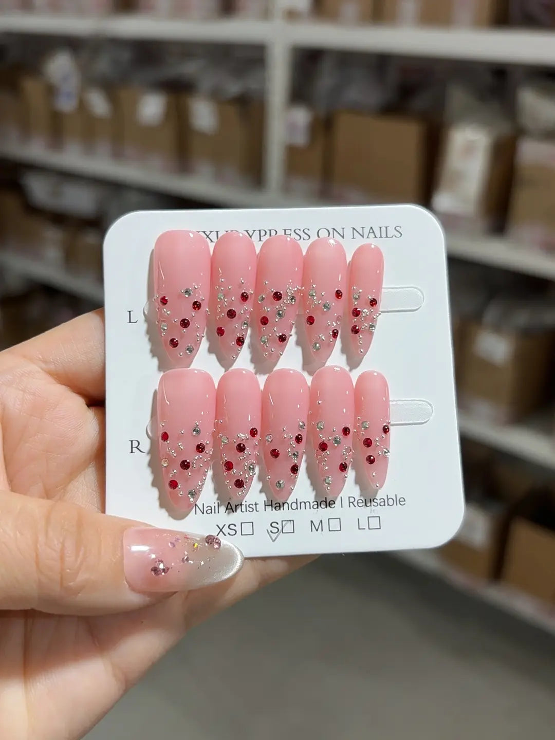 Handmade press on nails long pink glossy almond with 3D rhinestones full set