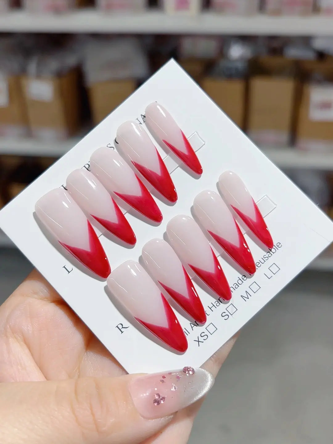 Handmade press on nails long stiletto, red V-shape French style, full set