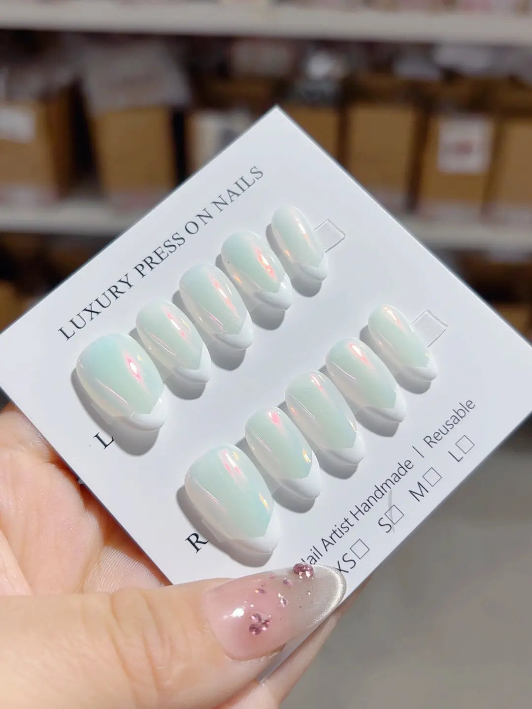 Handmade press on nails reusable short almond in ombre white, full set display