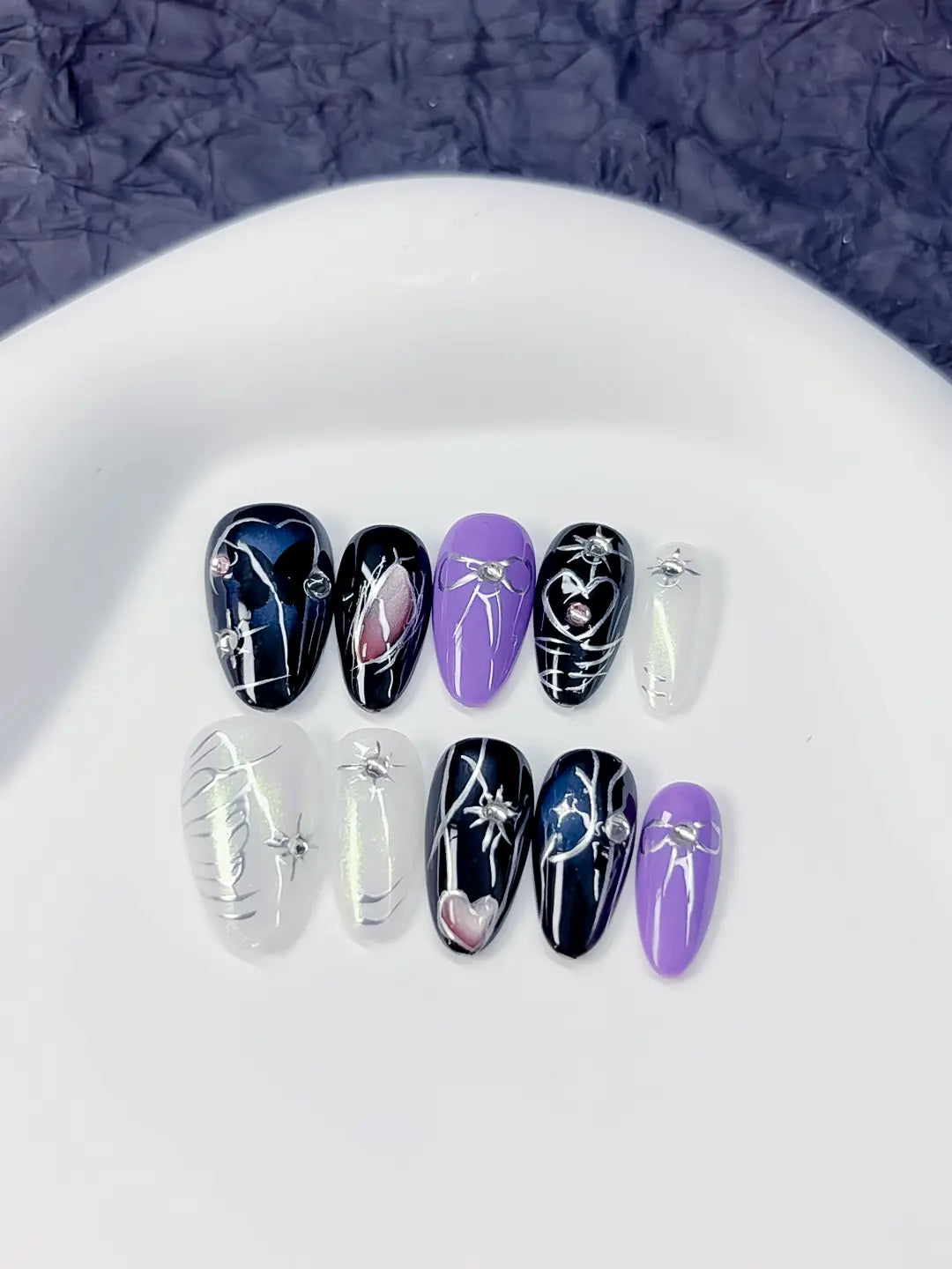 Handmade press on nails short almond mix set with butterfly and shimmer effect full set