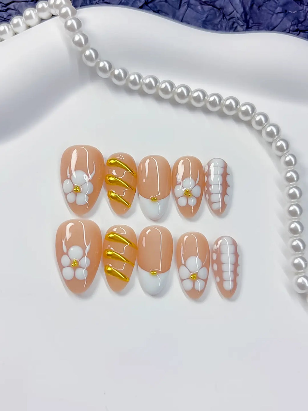 Handmade press on nails short almond nude floral and geometric mixed set