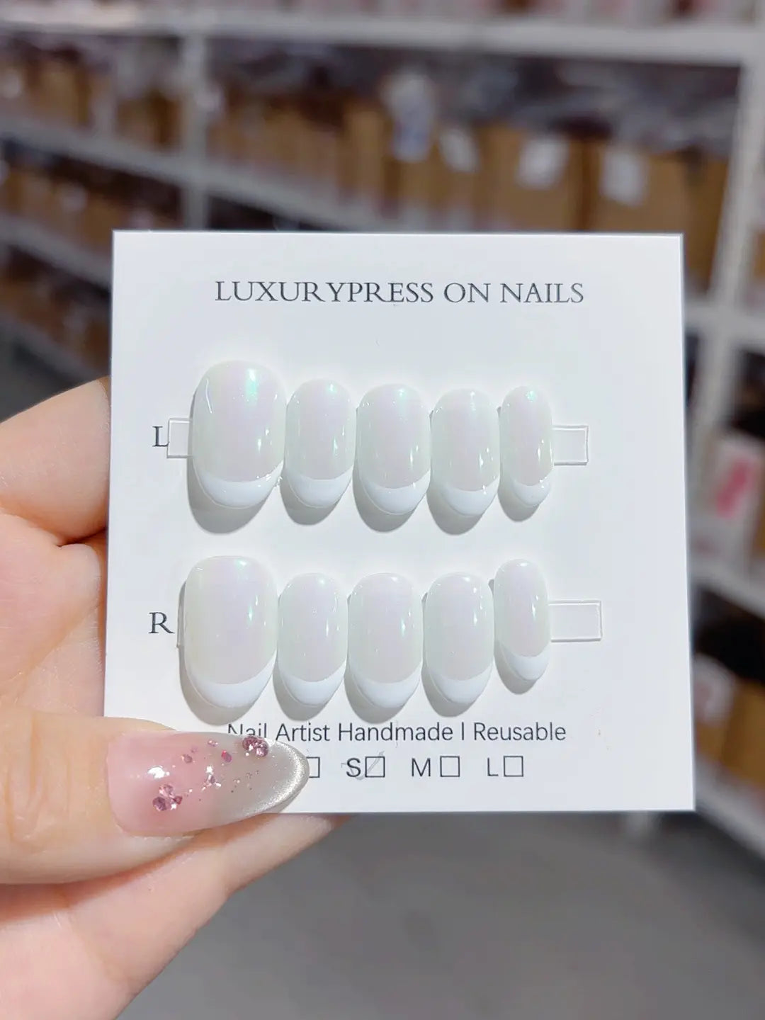 Handmade press on nails short oval natural look with iridescent green French effect, full set view